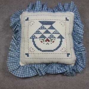 Vintage Handmade Cross Stitch Throw Pillow Blue Gingham Ruffle Country Farmhouse